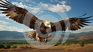 Bald eagle gliding against blue sky