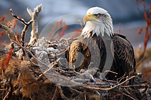 Bald Eagle Haliaeetus leucocephalus on nest, Bald Eagle in it\'s Nest homer spit alaska, AI Generated