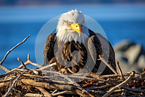 Bald Eagle Haliaeetus leucocephalus in a nest on the shore of Lake Michigan, Bald Eagle in it\'s Nest homer spit alaska, AI