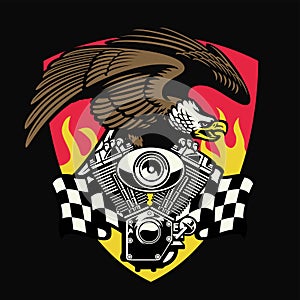 Bald eagle hold the motorcycle engine