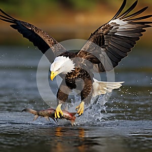 A bald eagle holding a fish