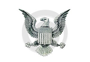 Bald eagle. Image element of one dollar bill or Great Seal of the United States. Eagle without arrows and olive branch.Isolated on