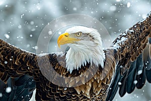 A bald eagle with its wings spread out in the snow. Generative AI