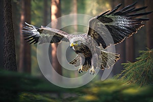 Bald eagle landing in forest, bird raptor flying close-up in summer, generative AI