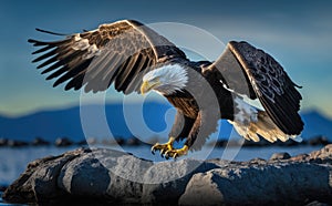 A bald eagle landing on the rock, side view, blurred blue sky, water and mountain background, generative AI