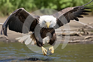 a bald eagle landing on a rock in the water