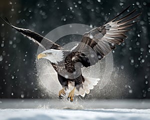 Bald eagle landing on snow. Amazing Wildlife. Generative Ai