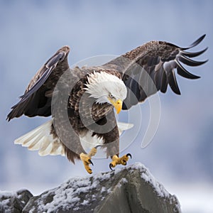 bald eagle landing on a snow covered rock
