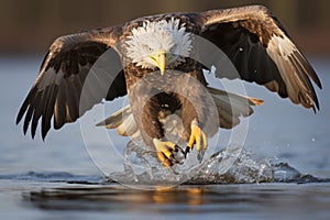 a bald eagle landing on the water