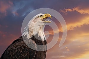 Bald eagle with open beak. Side portrait. In the background is a colorful sky with clouds at sunset