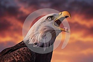 Bald eagle with open beak. Side portrait. In the background is a colorful sky with clouds at sunset