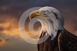 Bald eagle with open beak. Side portrait. In the background is a colorful sky with clouds at sunset