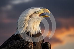 Bald eagle with open beak. Side portrait. In the background is a colorful sky with clouds at sunset