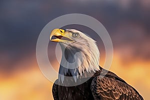 Bald eagle with open beak. Side portrait. In the background is a colorful sky with clouds at sunset