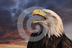 Bald eagle with open beak. Side portrait. In the background is a colorful sky with clouds at sunset