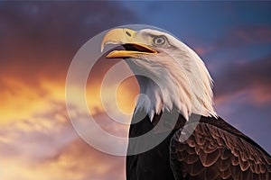 Bald eagle with open beak. Side portrait. In the background is a colorful sky with clouds at sunset