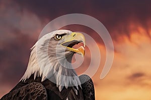 Bald eagle with open beak. Side portrait. In the background is a colorful sky with clouds at sunset