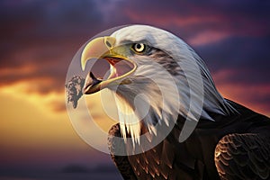 Bald eagle with open beak. Side portrait. In the background is a colorful sky with clouds at sunset