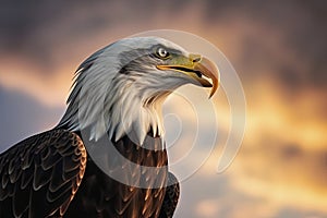 Bald eagle with open beak. Side portrait. In the background is a colorful sky with clouds at sunset