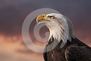 Bald eagle with open beak. Side portrait. In the background is a colorful sky with clouds at sunset