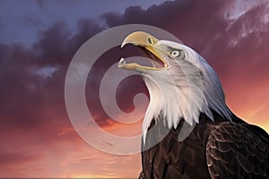 Bald eagle with open beak. Side portrait. In the background is a colorful sky with clouds at sunset