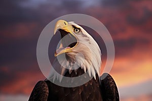 Bald eagle with open beak. Side portrait. In the background is a colorful sky with clouds at sunset