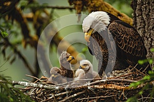 Bald Eagle with Three Eaglets in Nest
