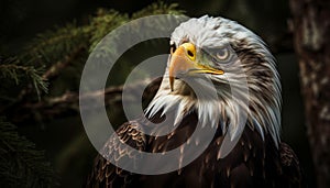Bald eagle perching on branch, looking at camera with talon generated by AI