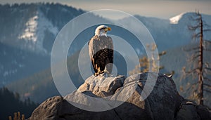 Bald eagle perching on mountain peak majestically generated by AI