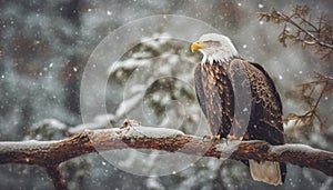 Bald eagle perching on pine tree branch generated by AI