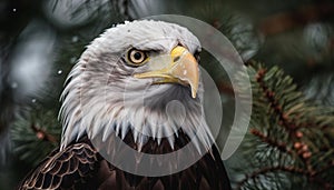 Bald eagle perching on tree branch, close up portrait, majestic beauty generated by AI