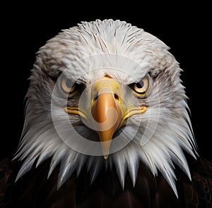 bald eagle portrait with headlights on a black background