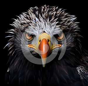 bald eagle portrait with headlights on a black background