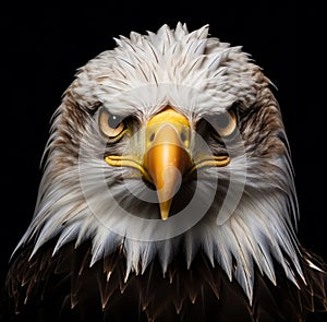 bald eagle portrait with headlights on a black background