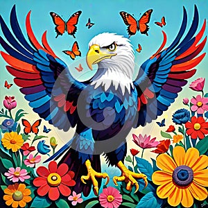 Bald eagle raptor hawk bold patriotic floral color