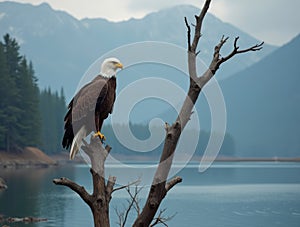 Bald eagle sits on the dead tree
