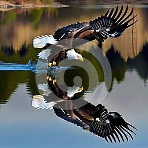 Bald Eagle soaring above lake