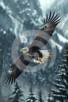 A bald eagle soaring through the air with snow covered trees in background, AI