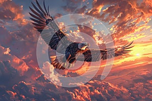 Bald eagle soaring dramatically in photorealistic spotlight style against vibrant sunset and clouds
