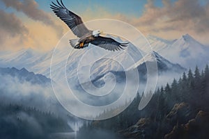 bald eagle soaring high above a misty mountain range