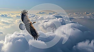 A bald eagle soaring majestically through the air. Eagle in flight above the clouds. AI Generative