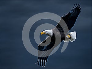 Bald eagle soaring over Alaska Bay near Homer. Ai Generated