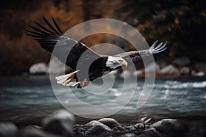 A Bald Eagle Soaring Over A Mountain Stream. Generative AI