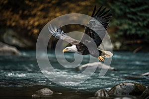 A Bald Eagle Soaring Over A Mountain Stream. Generative AI