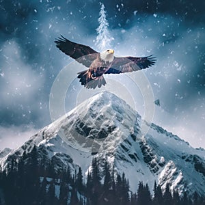 A bald eagle soaring over a snowy mountain. Generative AI image.