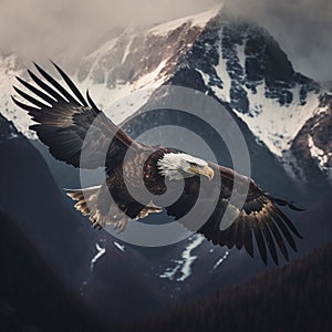 A bald eagle soaring in the sky above a rugged mountain range