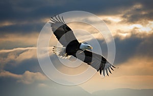 Bald eagle soaring in the sky with wings spread wide