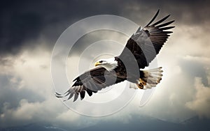 Bald eagle soaring in the sky with wings spread wide