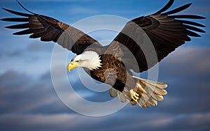 Bald eagle soaring in the sky with wings spread wide