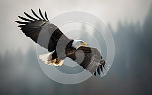 Bald eagle soaring in the sky with wings spread wide